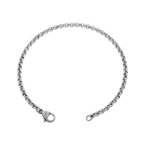 May include: A silver-colored chain bracelet with a lobster clasp closure. The bracelet is made of small, round links and is displayed against a white background. The bracelet is a jewelry item.