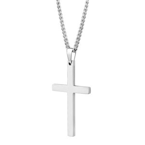 Men's Silver Cross Necklace & Pendant - Cuban Link Chain Necklace for Man - Minimalist Silver Stainless Steel Cross - Engraved - Waterproof