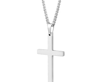 Men's Silver Cross Necklace & Pendant - Cuban Link Chain Necklace for Man - Minimalist Silver Stainless Steel Cross - Engraved - Waterproof