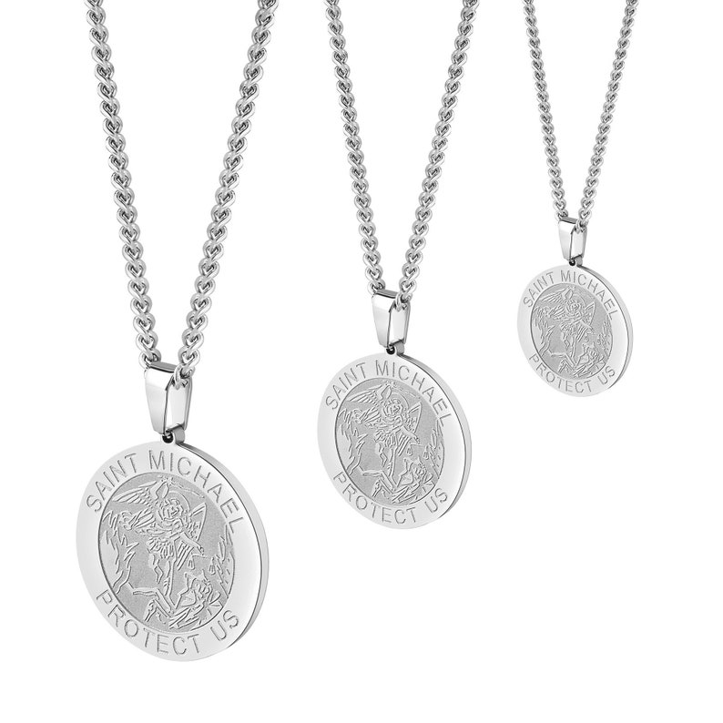 St Michael Silver Pendant & Necklace Chain Set, Round Medal Saint Michael Archangel Pendant w/ Stainless Steel Chain Necklace, 3 Sizes bild 1