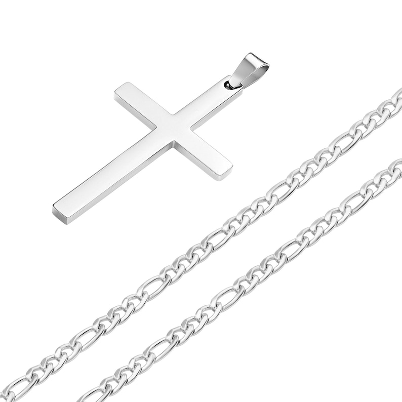 Waterproof Cross Necklace Mens Silver Cross Pendant & Figaro Etsy