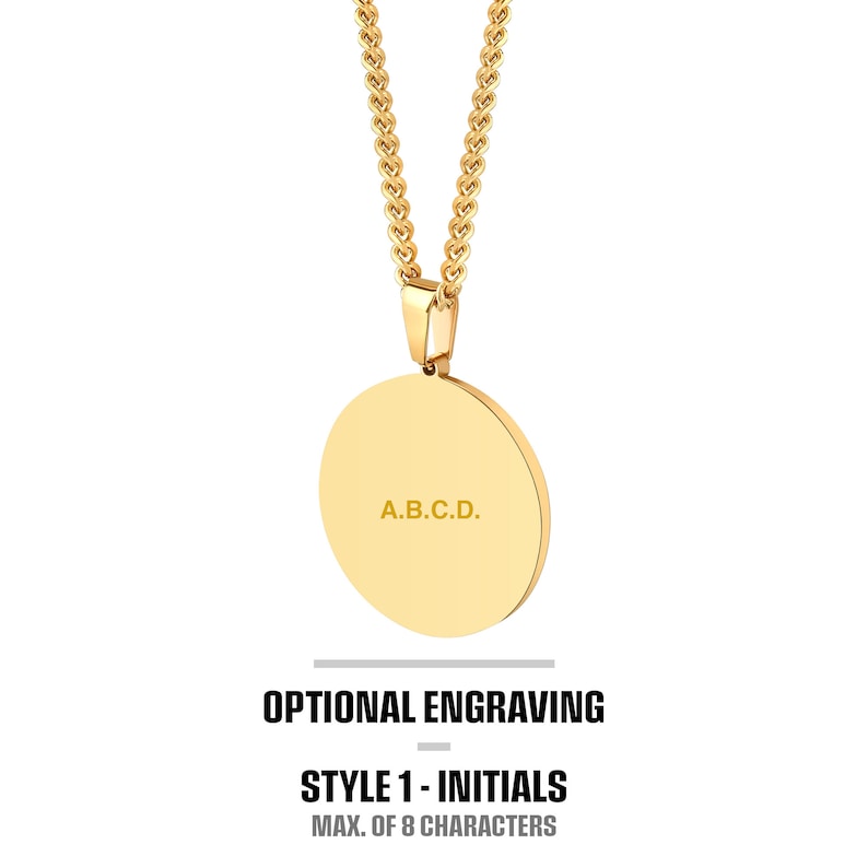 May include: Gold chain necklace with a round pendant. The pendant has the text "A.B.C.D." engraved on it. The text below the pendant reads "OPTIONAL ENGRAVING STYLE 1 - INITIALS MAX. OF 8 CHARACTERS".