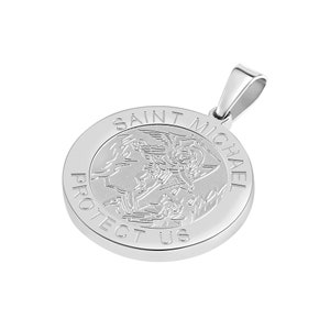 St Michael Silver Pendant & Necklace Chain Set, Round Medal Saint Michael Archangel Pendant w/ Stainless Steel Chain Necklace, 3 Sizes bild 2