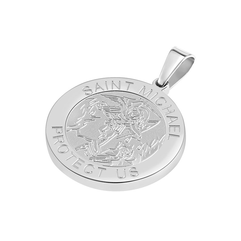 St Michael Silver Pendant & Necklace Chain Set, Round Medal Saint Michael Archangel Pendant w/ Stainless Steel Chain Necklace, 3 Sizes bild 2