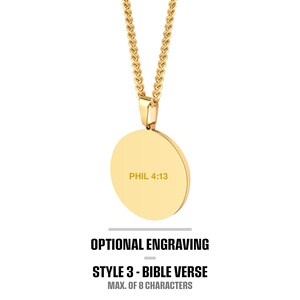May include: Gold necklace with a round pendant featuring the text "PHIL 4:13". The pendant is for optional engraving with a Bible verse, up to 8 characters.