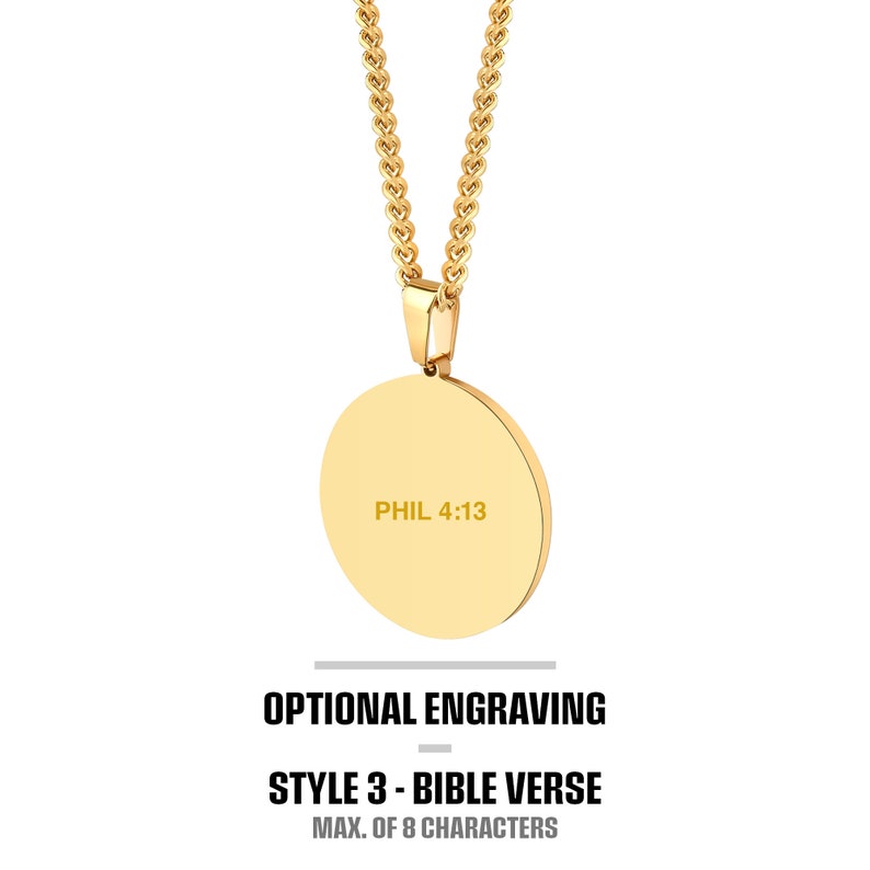 May include: Gold necklace with a round pendant featuring the text "PHIL 4:13". The pendant is for optional engraving with a Bible verse, up to 8 characters.