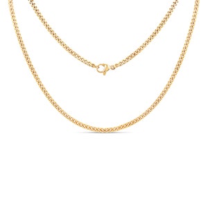 May include: A gold chain necklace with a lobster clasp closure. The chain is made of a curb link pattern.