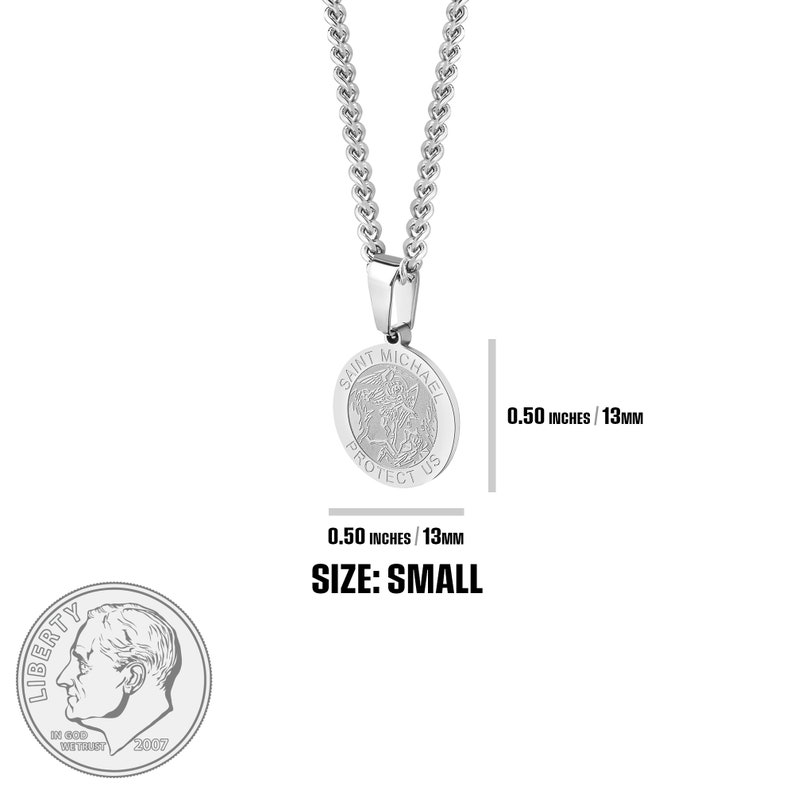 St Michael Silver Pendant & Necklace Chain Set, Round Medal Saint Michael Archangel Pendant w/ Stainless Steel Chain Necklace, 3 Sizes bild 4