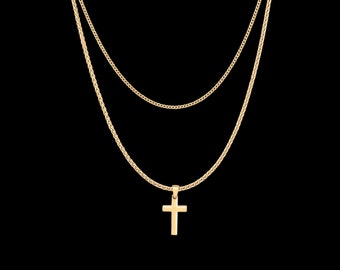 Necklace Set for Men - 14K Gold Curb & Wheat Chains, Small Stainless Steel Cross Pendant, 2 Necklaces / Chains