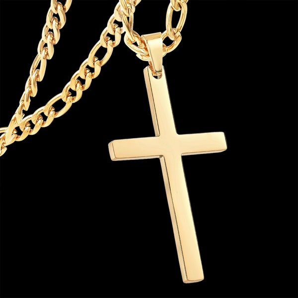 Cross Necklace, Men’s 14K Gold Cross Pendant & Figaro Chain Set, Minimalist Waterproof Stainless Steel Cross, Gifts for Men