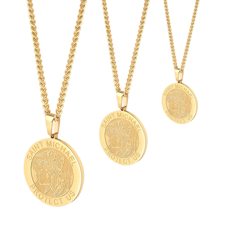 May include: Three gold necklaces with round pendants featuring an image of Saint Michael the Archangel. Each pendant has the text "Saint Michael Protect Us".
