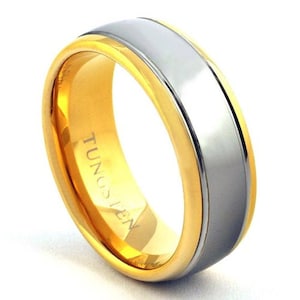 14K Gold and Silver Tungsten Ring, 2 Tone Tungsten Wedding Band, Men&#39;s Ring, 8mm Tungsten Ring, Sizes 7-15 (with half sizes)