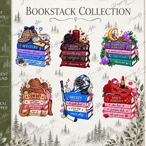 May include: A digital collection of six illustrated book stacks featuring various themes including mystery, dark romance, fantasy, cowboy, hockey, and spicy romance, each adorned with thematic icons like hats, skulls, masks, and sports equipment.