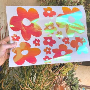 Holographic Decal Set of 14/ Holographic Flower Decal, Hippie Car Decal, Flower Stickers, Holographic Car Stickers, Daisy Decals for Women