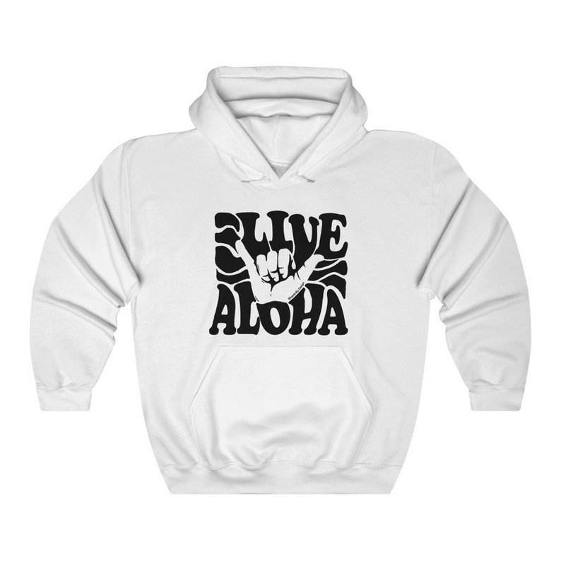 May include: White hoodie with a black graphic print of a hand making the shaka sign with the text "Live Aloha" in a retro font.