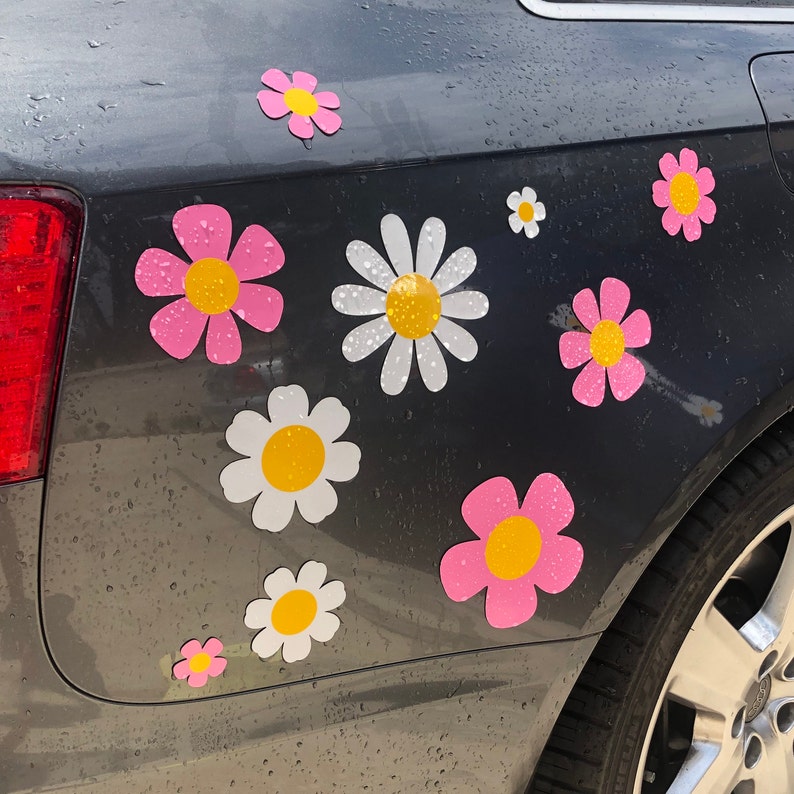 May include: A dark gray car with pink and white daisy stickers on the back. The stickers are in various sizes and are arranged in a random pattern.
