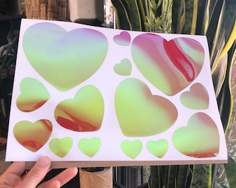 Holographic Heart Decal Set of 14/ Valentines Heart Sticker Sheet, Car Stickers, Holographic Sticker Pack, Tumbler Stickers, Laptop Sticker