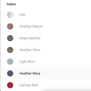 May include: A selection of seven color swatches for fabric. The colors are: Ash, Heather Mauve, Deep Heather, Heather Olive, Light Blue, Heather Navy, and Canvas Red.