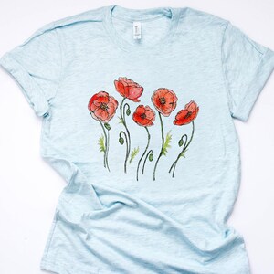 Red Poppy flower t shirt, wildflower shirt, floral watercolor print botanical tshirt womens cute flowers tee gardener retro plant lover gift