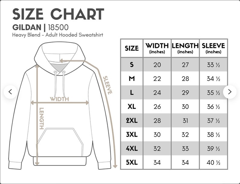May include: Size chart for a Gildan 18500 hooded sweatshirt. The chart shows the width, length, and sleeve length in inches for sizes S through 5XL.