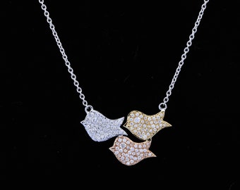 Three tone flying bird charm necklace, natural diamond/Moissanite/CZ minimalist necklace, 925 SIL/14K/18K humming bird necklace