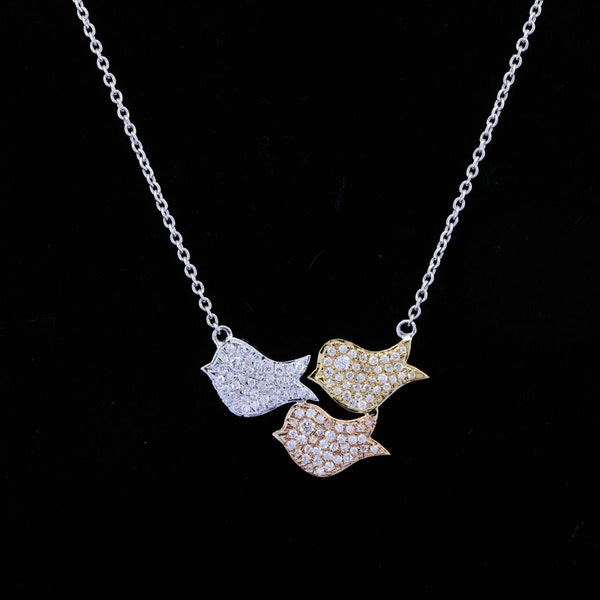 Three tone flying bird charm necklace, natural diamond/Moissanite/CZ minimalist necklace, 925 SIL/14K/18K humming bird necklace