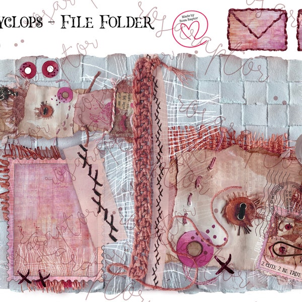 Cute Cyclops - File Folder with extra tabs  + Background Page - PINK | Digital Download | Whimsical | Junk Journal | Embellished