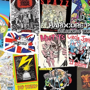 May include: A collection of punk rock album covers and zine art. Bands featured include Green Day, Bad Brains, and Ramones. The image includes the text "HARDCORE PUNK COLORING ZINE" and a sticker with the Union Jack and "SEX PISTOLS".