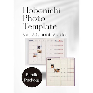 May include: A photo template for Hobonichi planners, featuring open spreads with grid layouts and sample photos. The image includes the text "Hobonichi Photo Template" and "A6, A5, and Weeks." A "Bundle Package" label is also visible.