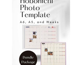 May include: A photo template for Hobonichi planners, featuring open spreads with grid layouts and sample photos. The image includes the text "Hobonichi Photo Template" and "A6, A5, and Weeks." A "Bundle Package" label is also visible.