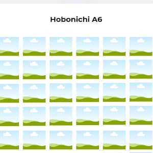 May include: The image displays a grid of small square illustrations, each depicting a landscape scene with a blue sky, white cloud, and green hills. The text "Hobonichi A6" is at the top, indicating a product or theme related to the illustrations.