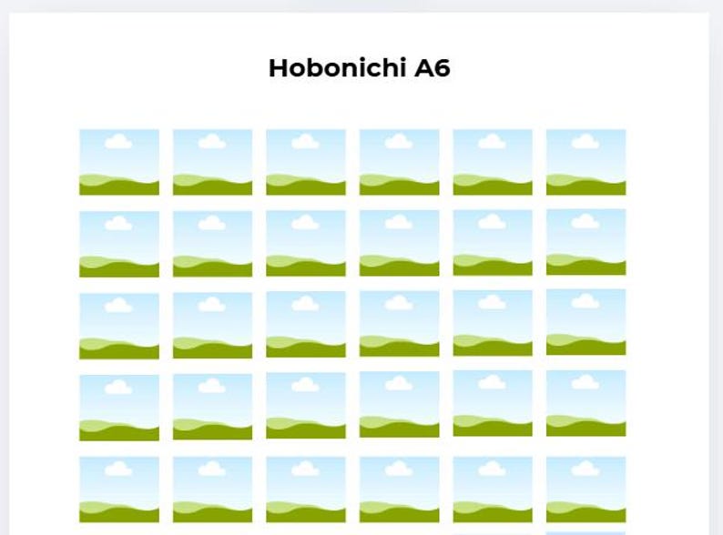 May include: The image displays a grid of small square illustrations, each depicting a landscape scene with a blue sky, white cloud, and green hills. The text "Hobonichi A6" is at the top, indicating a product or theme related to the illustrations.