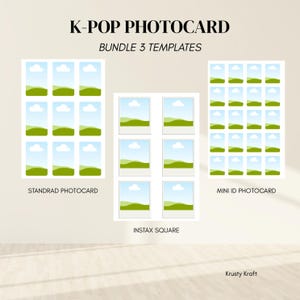 Puede incluir: Paquete de tarjetas fotográficas K-POP con tres plantillas: Estándar, Instax Square y Mini ID. Cada plantilla presenta un diseño de paisaje con cielos azules, nubes blancas y colinas verdes. El texto "K-POP PHOTOCARD" y "BUNDLE 3 TEMPLATES" están en la parte superior.