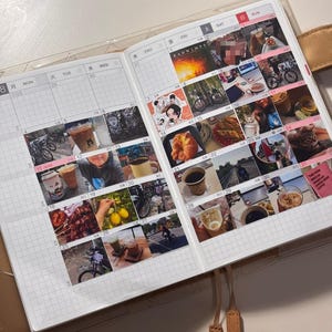 May include: Open planner with a grid layout, featuring a series of small photos and text. The planner is open to a double-page spread, with the left page showing the date 7/28 and the right page showing the date 8/1. The planner has a tan cover.