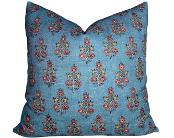 Poppy Sprig Pillow Cover - BOTH SIDES - Floral Pillow - Indian Print - G P & J Baker - Denim Persimmon Ochre - English Country House Pillow