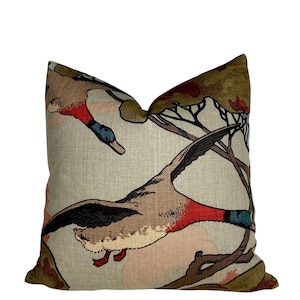 Flying Ducks Sky Linen Pillow Cover - BOTH SIDES - English Country House Pillow - Mulberry Pillow - Green Brown Blue Red Aqua - Duck Hunt
