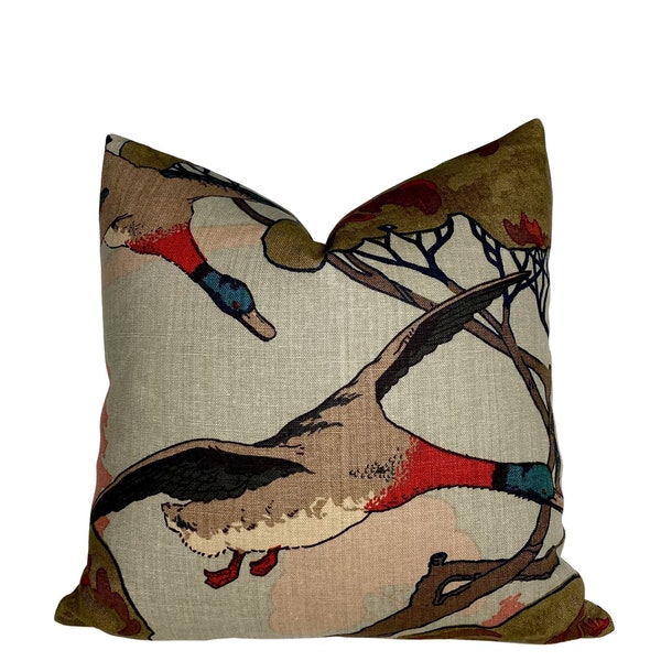 Flying Ducks Sky Linen Pillow Cover - BOTH SIDES - English Country House Pillow - Mulberry Pillow - Green Brown Blue Red Aqua - Duck Hunt
