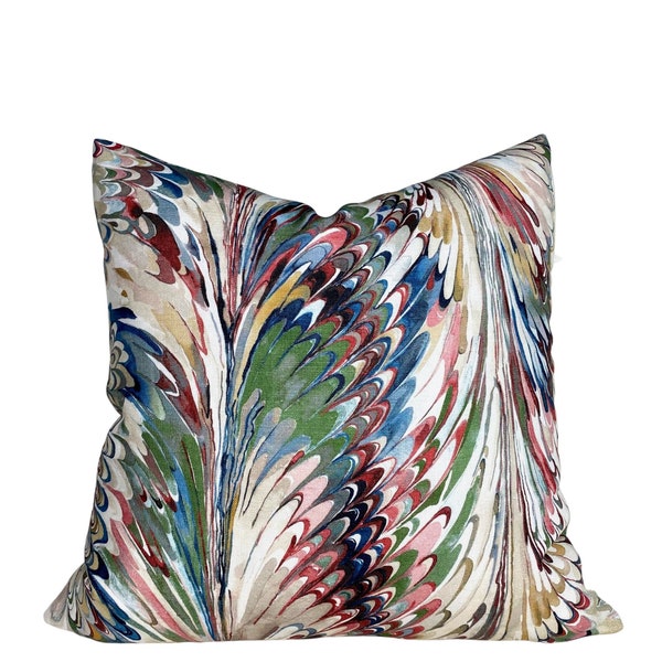 Marbled Pillow Cover - Lee Jofa Taplow Spice Leaf - BOTH SIDES - Multi Color Pillow Cover - Marbling - Green Blue Red - High End -Designer