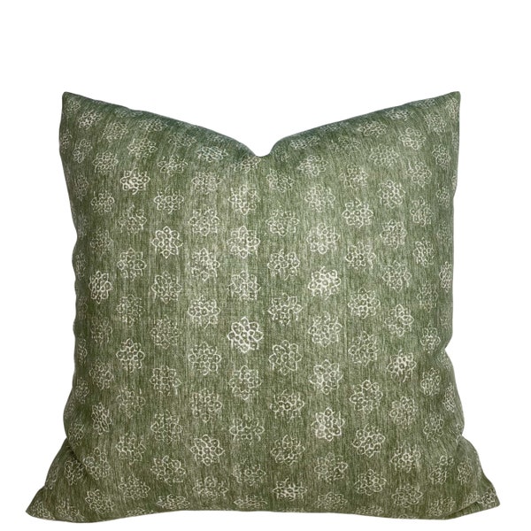 Green Pillow Cover - Block Print Pillow Cover - Schuyler Samperton Pillow Cover - Designer Pillow - High End Pillow - Olive Green Floral