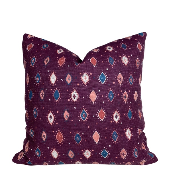 Oona Aubergine Pillow Cover - BOTH SIDES - Peter Dunham Plum Block Print Pillow Cover - Purple Pillow - Designer - High End - Purple Teal
