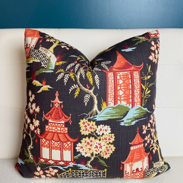 Chinoiserie Pillow Cover - Charcoal Coral Pillow Cover - Pagoda Pillow Cover - Asian Pillow - Autumn Decor - Fall Decor - Halloween Pillow