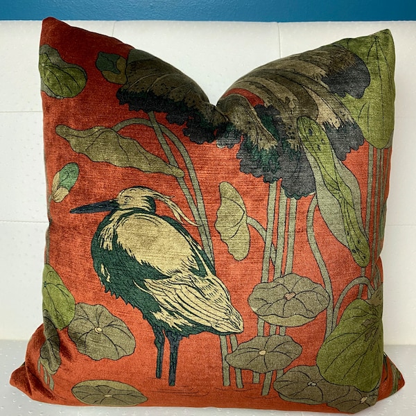 Nympheus Velvet Pillow Cover - Orange Velvet Pillow Cover - Bird Pillow - Orange Green Pillow - Designer Pillow - High End Pillow - Luxury