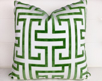 Thibaut Ming Trail Pillow Cover - Chinoiserie Pillow Cover - Green White Pillow Cover - Velvet Pillow - Designer - High End - Greek Key Maze