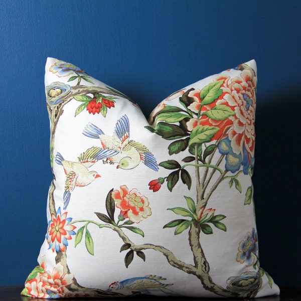Chinoiserie Pillow Cover - Tree Peony Pillow Cover - Bird Floral Pillow Cover - Coral Turquoise Pillow - Coral Blue Pillow - Throw Pillows