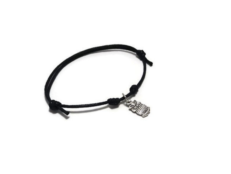 Owl Jewelry Adjustable Bracelet Waxed Cord Bracelet Small Owl Bracelet Sliding Knot Bracelet Gift for Her Owl Lovers Gift Owl Anklet