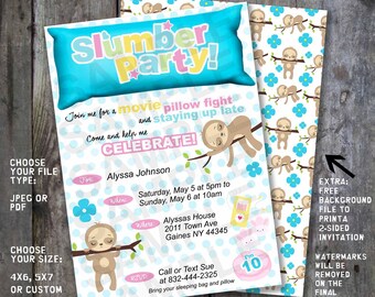 SLOTH SLUMBER Party Themed Birthday Digital 1 or 2-sided Invitation, girls sleepover Invitation, pillow design, Digital File Only, DIY Print