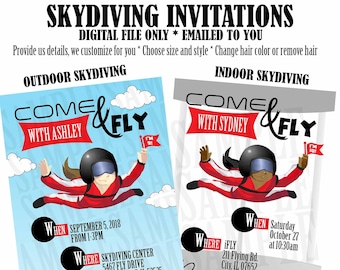 SKYDIVING indoor or outdoor Invitation, Custom Digital file only, you print, choose Outdoor or Indoor skydiving, any hair color, boy or girl