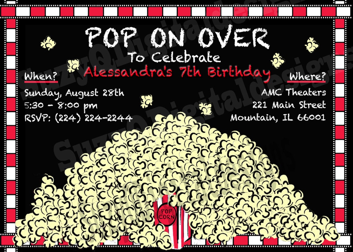 A "movie Themed" Birthday Party Invitation, Popcorn Birthday Invitation ...