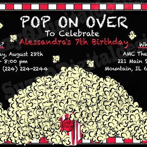 Una invitación a una fiesta de cumpleaños "temática de película", una invitación de cumpleaños de palomitas de maíz, una invitación de cumpleaños para niños o niñas, un archivo digital personalizado, una impresión de bricolaje