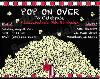 A "Movie Themed" Birthday Party Invitation, Popcorn Birthday Invitation, Boy or Girl Birthday Invitation, Custom Digital File, DIY Print